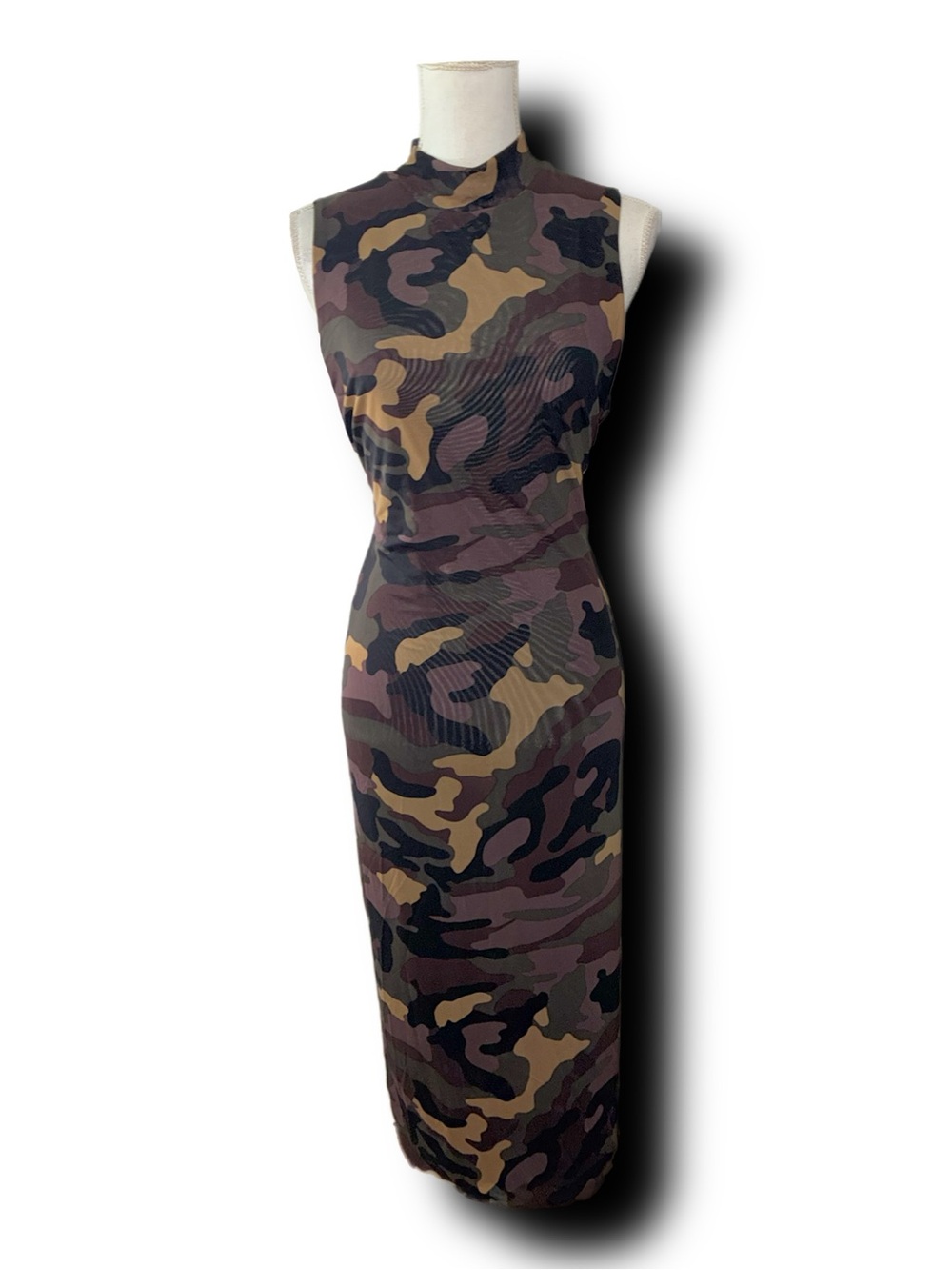 Bar III Camo-Print Mock-Neck Sleeveless Mesh Midi Dress